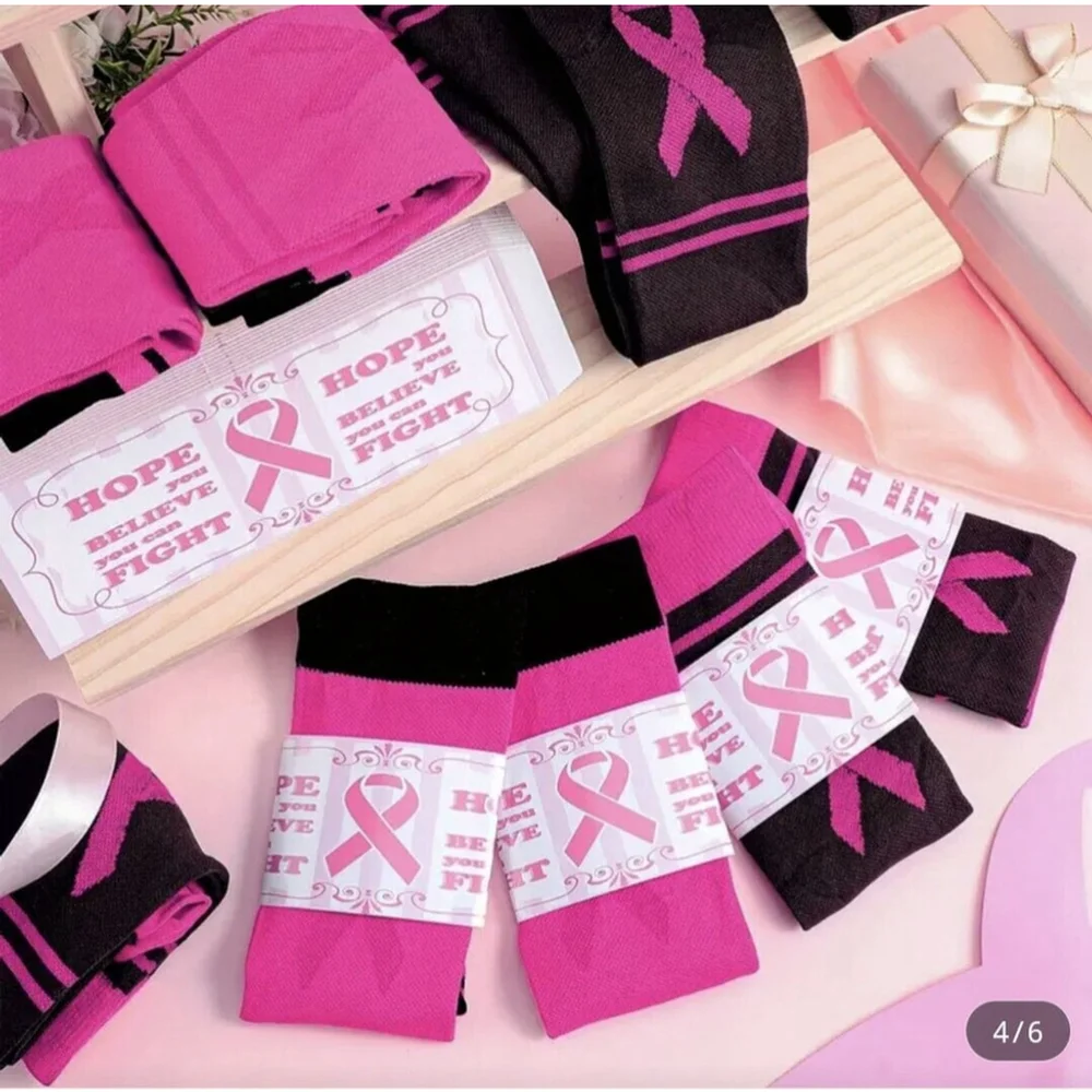 2 Pair Socks Athletic Compression Knee High Pink Ribbon Cancer Awareness Sock